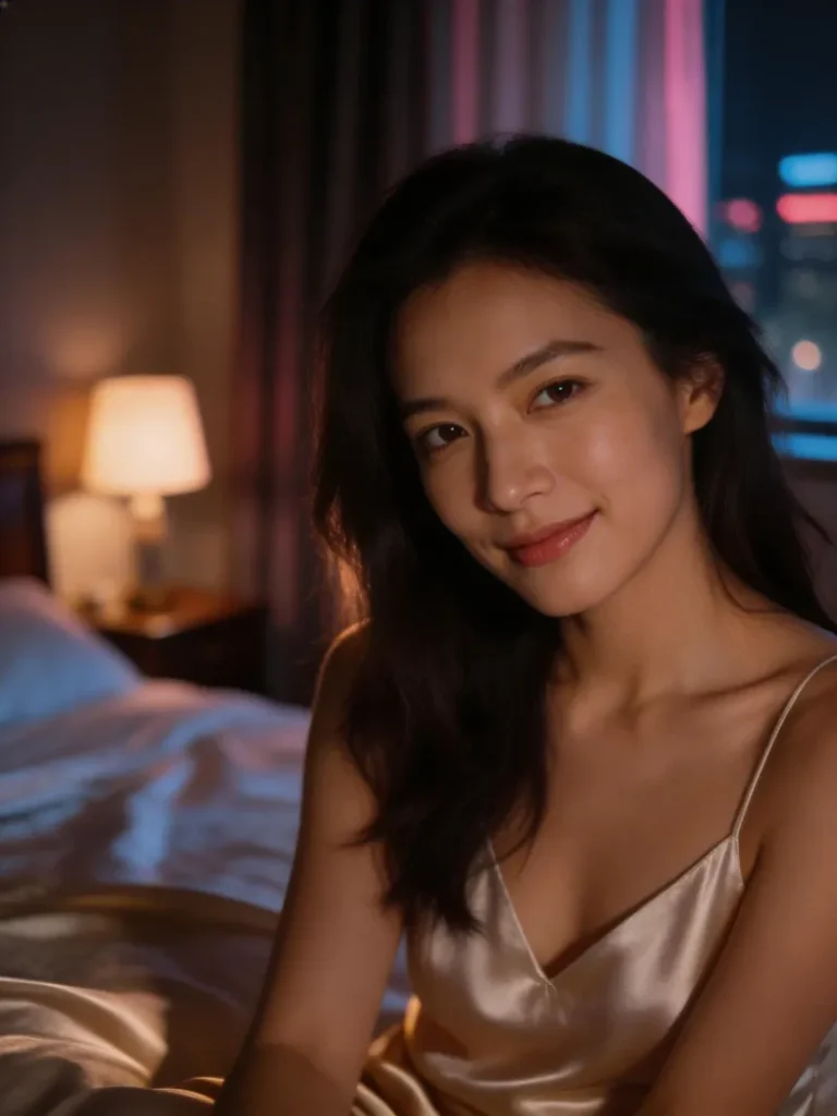 Attractive woman in dimly lit bedroom creating immersive erotic audio stories for men in private setting